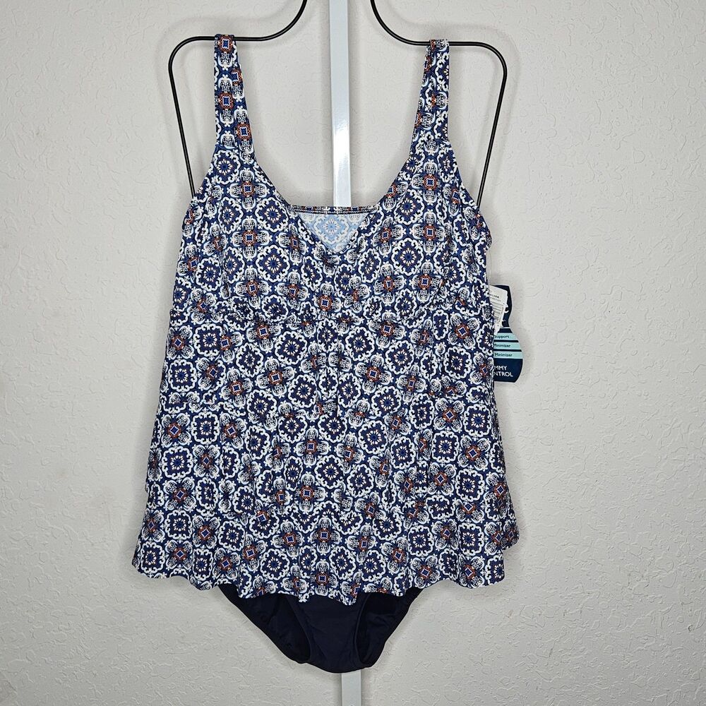 Shape Solver 3 Tier Tankini One‎ Piece Swimsuit Blue Mosaic Print Size 16W NWT